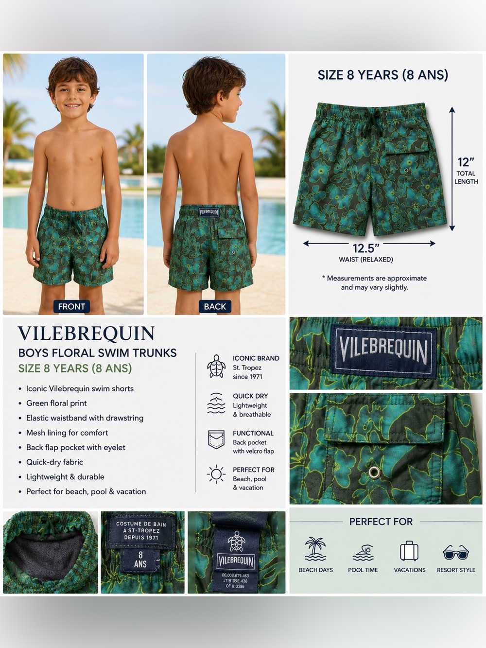 Vilebrequin Boys Green Floral Swim Trunks Size 8 Years St. Tropez Mesh Lined